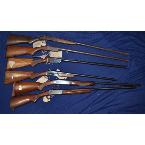 740 - Six 12B single barrel shotguns, two lacking foreends, including AYA serial no. 339919, Spanish seria... 