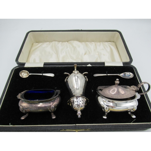 523 - Hallmarked silver three piece cruet set, Birmingham 1924 and set of six hallmarked bean top silver c... 