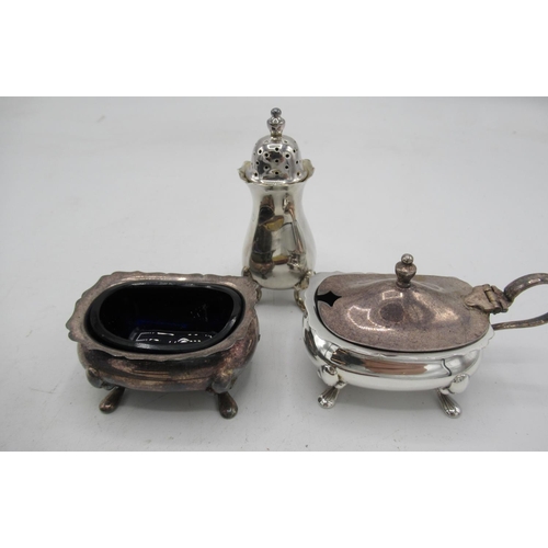 523 - Hallmarked silver three piece cruet set, Birmingham 1924 and set of six hallmarked bean top silver c... 