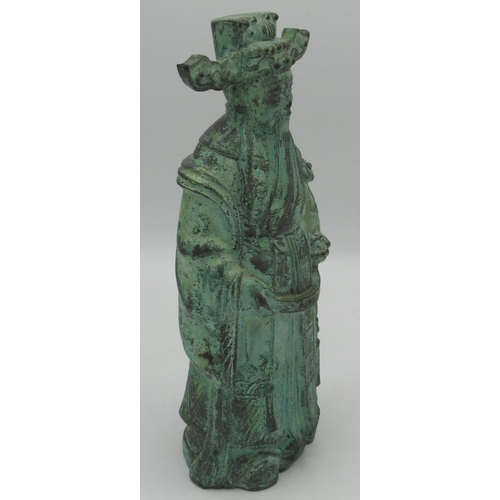 595 - Green verdigris patinated cast metal model of a Chinese elder, H24cm W11cm