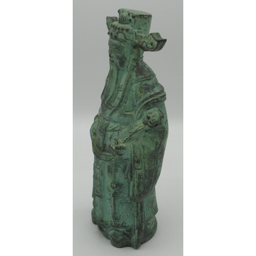 595 - Green verdigris patinated cast metal model of a Chinese elder, H24cm W11cm