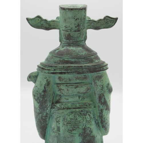 595 - Green verdigris patinated cast metal model of a Chinese elder, H24cm W11cm