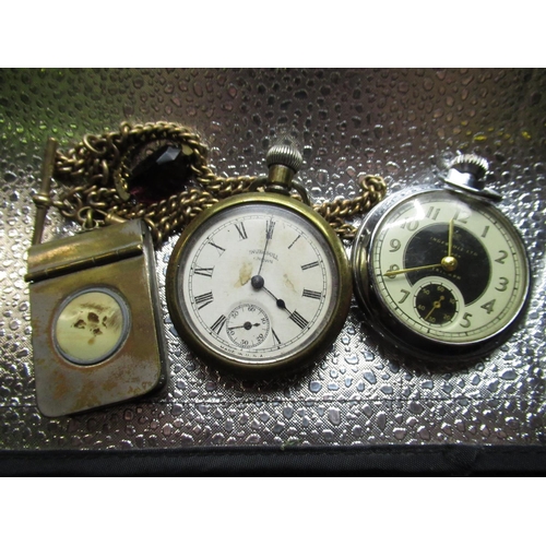 93 - Liga, Swiss. Brass full hunter keyless 4 pin set pocket watch, two Ingersoll pocket watches, Gunmeta... 