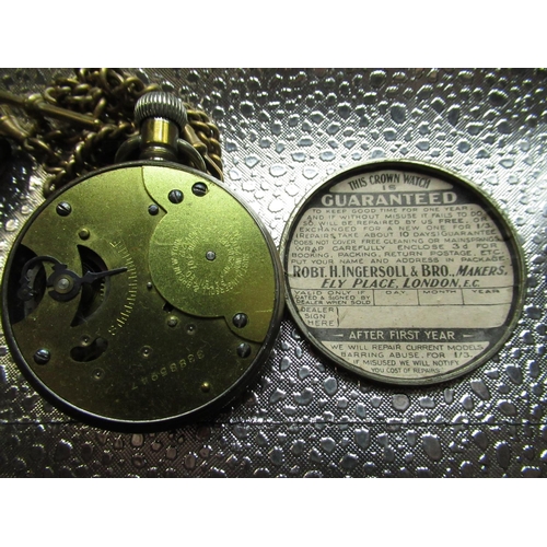 93 - Liga, Swiss. Brass full hunter keyless 4 pin set pocket watch, two Ingersoll pocket watches, Gunmeta... 