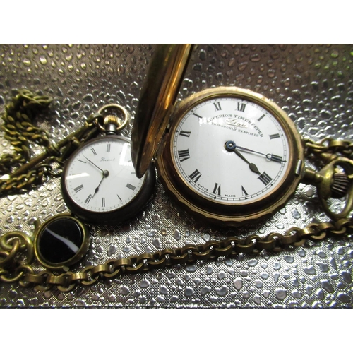 93 - Liga, Swiss. Brass full hunter keyless 4 pin set pocket watch, two Ingersoll pocket watches, Gunmeta... 