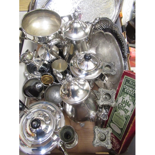 119 - Four piece EPNS tea set (A/F), Galleon four piece silver plated tea set, two silver plated gallery t... 