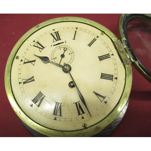 120 - C20th brass cased bulk head ships time piece, hinged bezel enclosing cream painted dial with Roman n... 