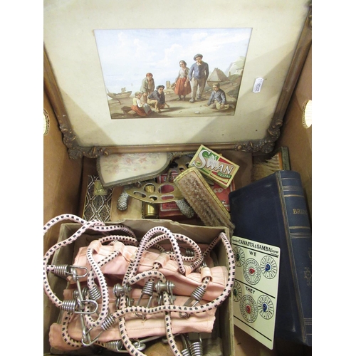 128 - Pair of late C19th framed colour prints after Himely, three piece dressing table set with needlework... 