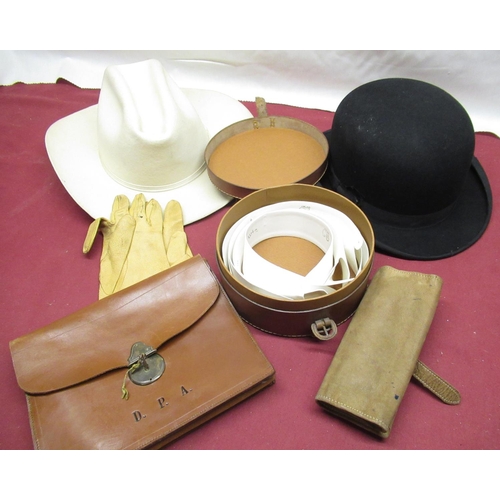 130 - C20th black felt bowler hat size 7, cream felt Stetson, early C20th tan leather collar box containin... 