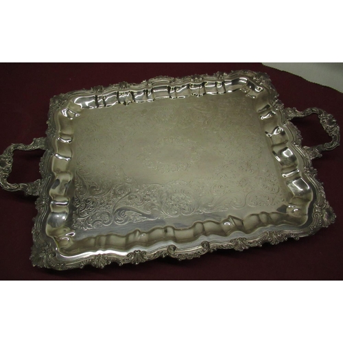 138 - Sheridan silver plated Geo.III style tray with engraved acanthus decoration and cast scroll border W... 