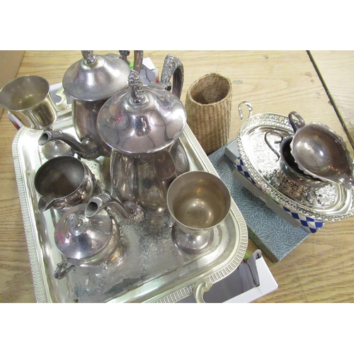 142 - Four piece silver plated tea set, early 20th C silver plated cream jug, sugar basin and other plated... 