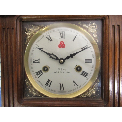 143 - Victorian style oak cased chiming wall clock and 20th C Chinese blue and white charger with crimped ... 