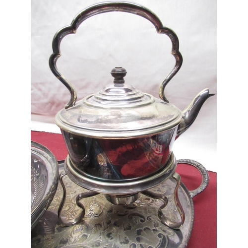 185 - Mid C20th Viners silver plated Georgian style three piece tea set, early C20th silver plated spirit ... 