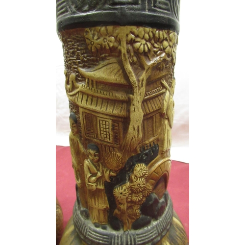 196 - Pair of early C20th Bretby vases decorated with oriental garden scene and lizards, relief and impres... 