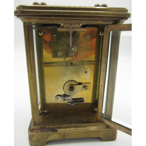 210 - Early C20th French brass carriage time piece, gorge case with beveled glass panels, enamel dial set ... 