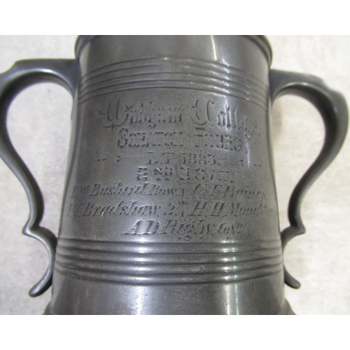 217 - Late Victorian James Dixon & Son twin handled presentation pewter mug, pewter measure, early C19th p... 