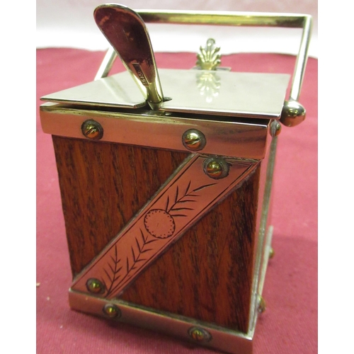 229 - Late 19th early 20th C Secessionist style golden oak and silver plated square mustard pot with ceram... 