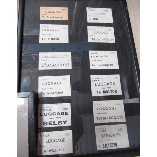 277 - Collection of twelve framed LNER and NER luggage labels of North Yorkshire interest including Scarbo... 