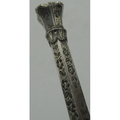 327 - 19th C white metal hexagonal propelling pencil, bright cut decoration, screw off flared terminal set... 