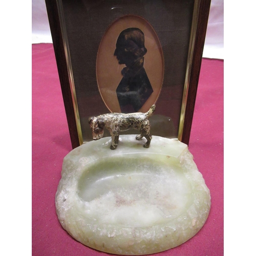 357 - 1920s rough cut onyx ashtray set with a cold painted bronze figure of a terrier H7cm and a C19th ova... 