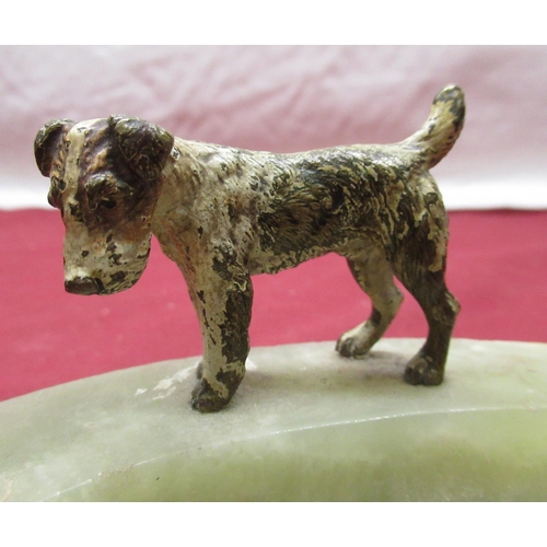 357 - 1920s rough cut onyx ashtray set with a cold painted bronze figure of a terrier H7cm and a C19th ova... 