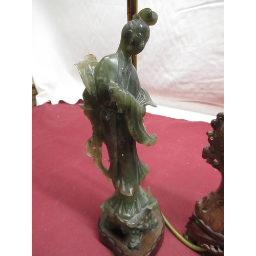 362 - Early C20th table lamp with carved green hardstone female figure H25cm, early C20th carved soapstone... 