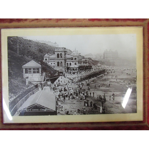 379 - Late Victorian photograph 'Children's Corner, Scarborough' no.583 on red velvet cushion mount W28cm ... 