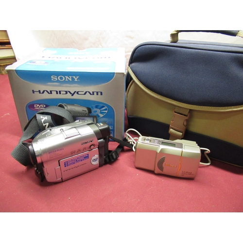 395 - Sony DVD 201E DVD camcorder with box, charger, case etc, and a Nikon Lite Touch zoom 120 35mm camera... 