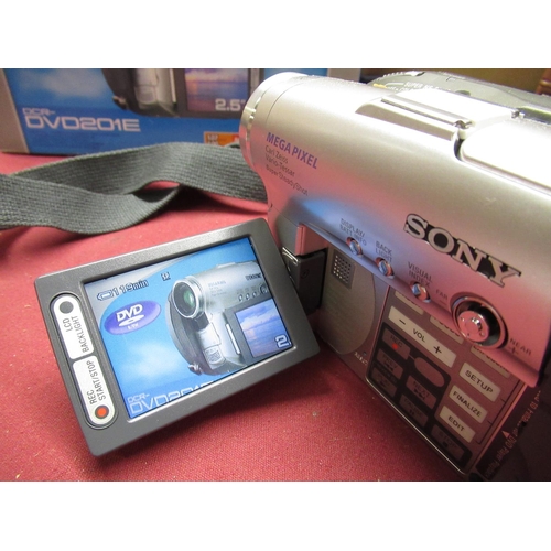 395 - Sony DVD 201E DVD camcorder with box, charger, case etc, and a Nikon Lite Touch zoom 120 35mm camera... 