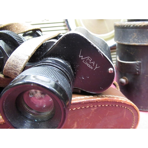 456 - Wray London Magnivu 10x30 binoculars, serial 8712 in original case, 8x40 binocular, Galilean binocul... 