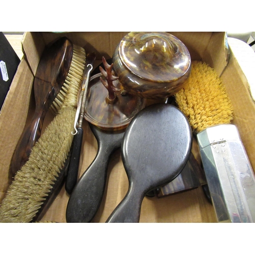 467 - Early C20th ebony dressing table set, 1930 simulated tortoise shell dressing table set, vintage phar... 