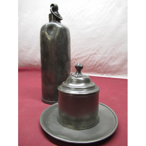 470 - C19th Continental L. Lacombe A Geneve pewter hot water bottle with screw off top and ring H29cm, C19... 