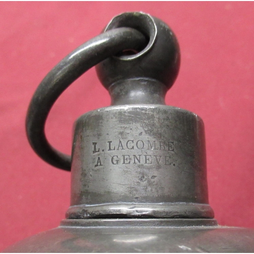 470 - C19th Continental L. Lacombe A Geneve pewter hot water bottle with screw off top and ring H29cm, C19... 