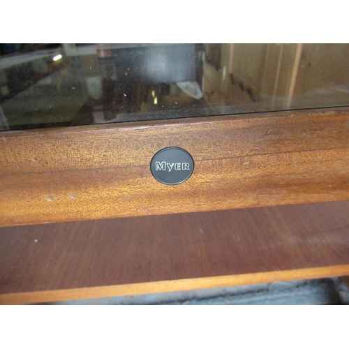 499 - 1970's Myers teak long john coffee table with inset smoked plate glass top magazine shelf below W112... 