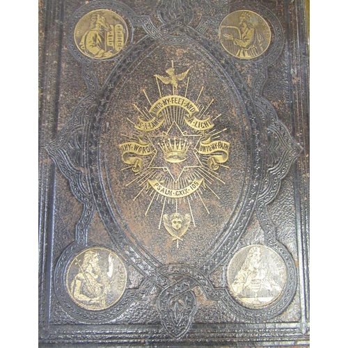 730 - Large leather bound and gilt highlighted Victorian  family bible and a reproduction brass ship style... 