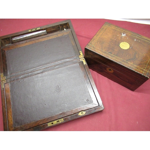 731 - Victorian brass inlaid mahogany writing box (lacking  interior) and a similar writing box with brass... 