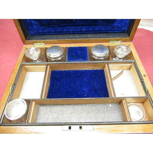 732 - Victorian walnut ladies travelling dressing case, blue velvet interior fitted with EPNS topped glass... 