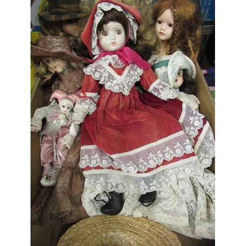 579 - Six Victorian style dolls, collection of books including Darcey Bussel (two boxes)