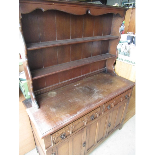 746 - Old Charm oak dresser with twin shelf raised back above two drawers and panelled door, a set of four... 