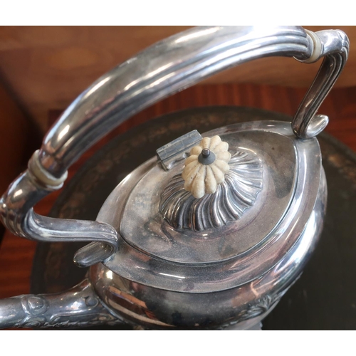 770 - Late Victorian EPNS spirit kettle on stand, with part lobed body on reeded paw feet, bone insulator ... 