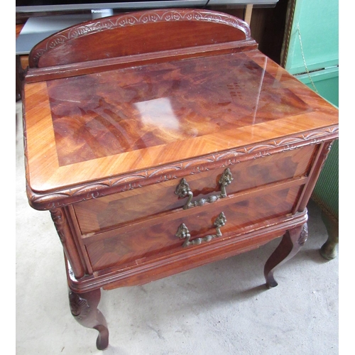 744 - Pair of French rococo style walnut bedside cabinets with raised backs and two drawers on angular cab... 