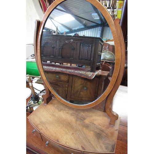 798 - Early C19th toilet mirror, bow front base with three drawers and bracket feet W43cm D22cm H61cm