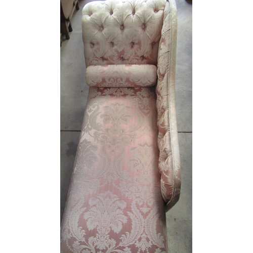 759 - Victorian style chaise longue, button scroll back and upholstered in pink demask brass  W160cm D57cm... 