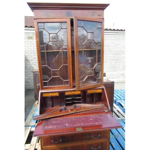 309 - Edwardian satin wood cross banded and strung mahogany bureau bookcase with swan neck pediment and tw... 