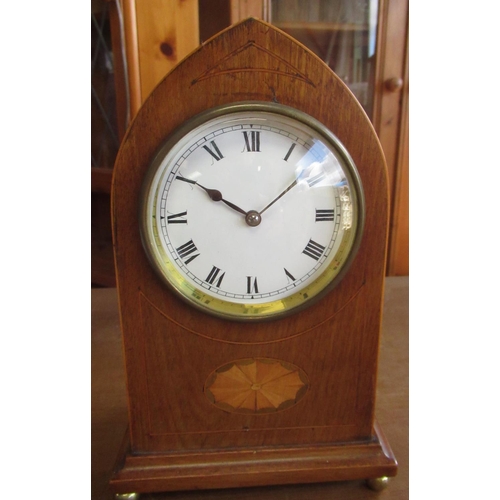 753 - Edwardian inlaid mahogany lancet cased timepiece with white Roman dial and brass ball feet, H23cm, a... 