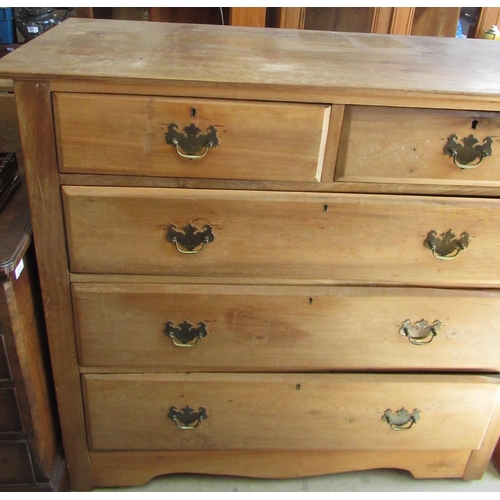 755 - Edwardian satin walnut chest of two short above three long moulded drawers with brass handles on sha... 