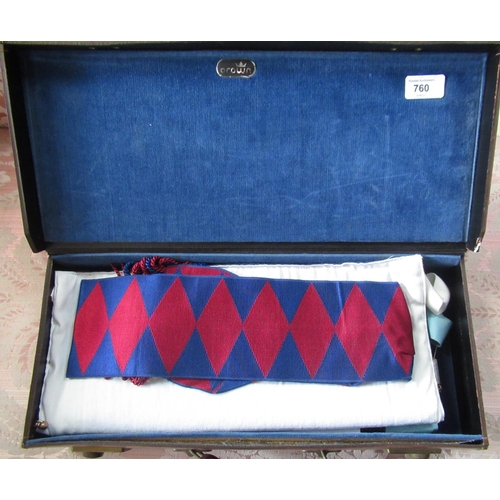 760 - Freemasons leather case containing a craft apron, chapter apron and sash, white gloves, jewel and a ... 