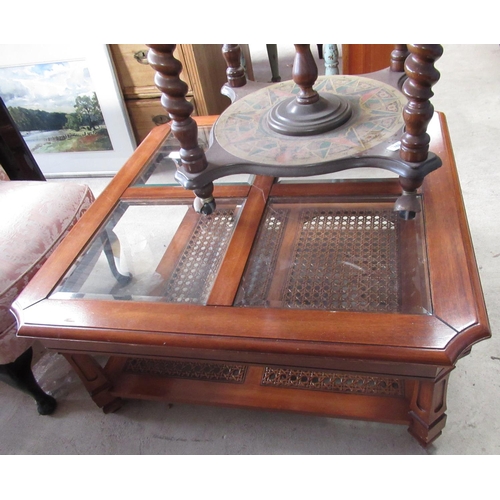 761 - Colonial style coffee table, square top with four inset bevel brass panels on square moulded support... 