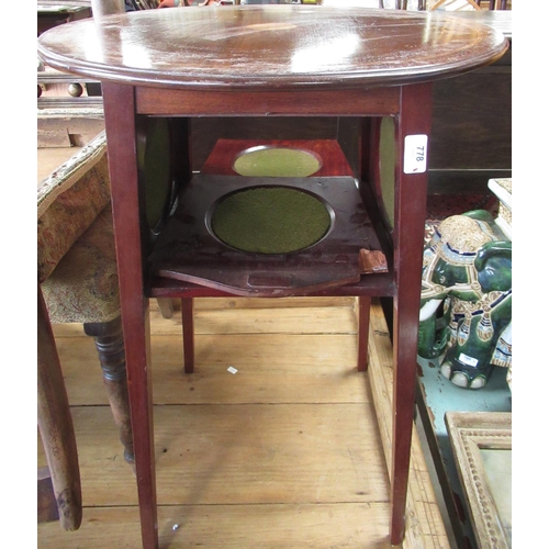 778 - Unusual Edwardian inlaid and satinwood banded mahogany occasional table with circular top, square un... 