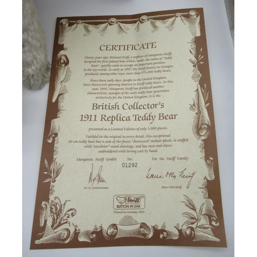 28 - Steiff 1992 British Collectors 1911 Replica Teddy Bear in silver mohair with working growler mechani... 